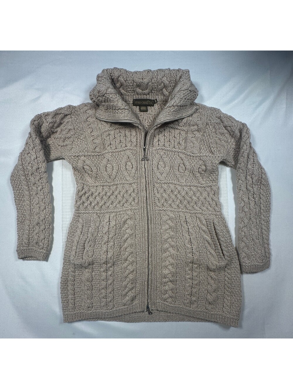 Inis Crafts Irish Merino Wool Cable Knit Dbl Collar FullZip Coat Med(215)